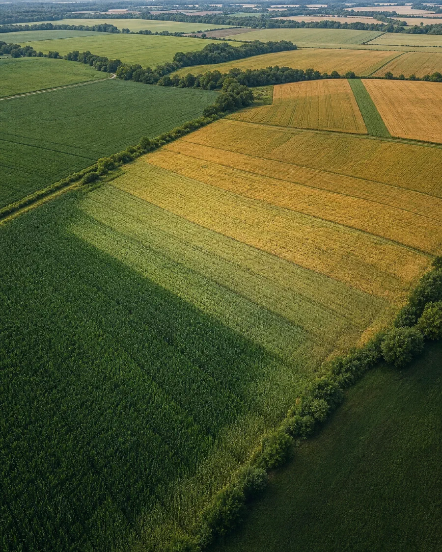 Aerial farmland showing gradual crop water stress